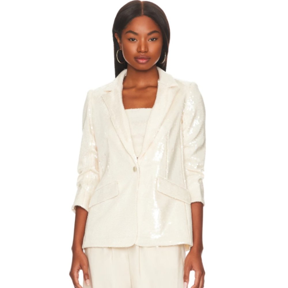 Cinq a Sept 'Kimmi' Ruched 3/4-Sleeve Sequin Blazer, Alabaster